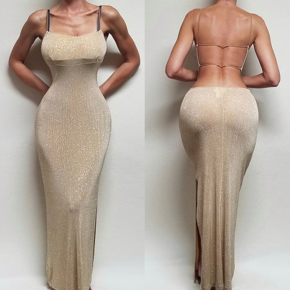 80s Vintage City Triangles Gold Metallic Knit Strappy Backless Slit Maxi Dress M - Picture 1 of 14